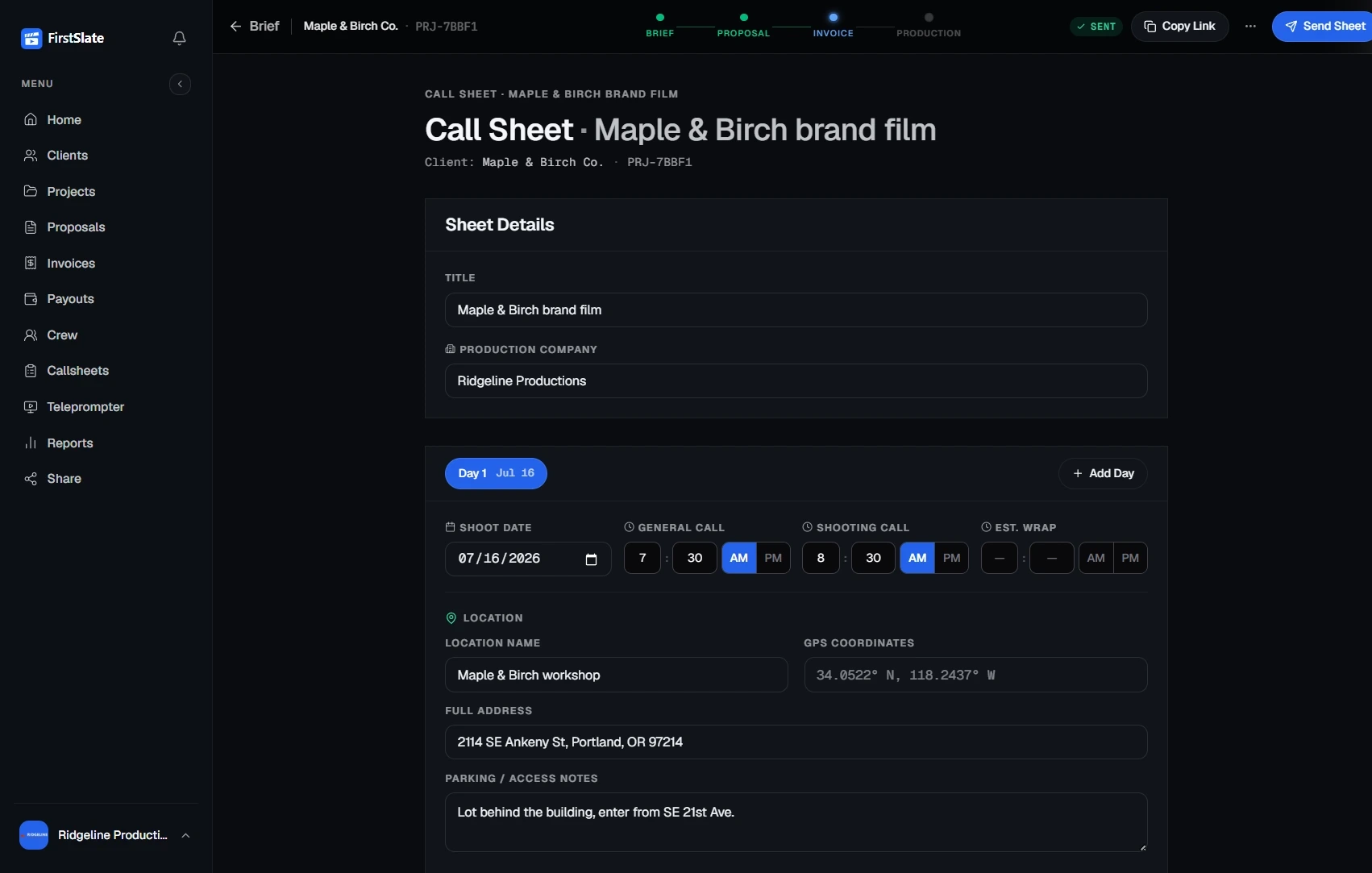 FirstSlate call sheet builder showing shoot date, call times, location, and crew